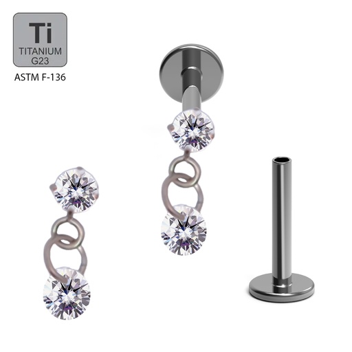 ASTM F136 Titanium G23 Labret with Internally Threaded In Prong Set Cubic Zirconia With Round Cubic Zirconia Dangle