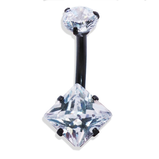 [BKS-BAN34-1.6-10-5/8-CC] Steel 316L Black Ti-PVD Coated Bananabell with Prong Setted Square Stone - CC -Crystal Clear 