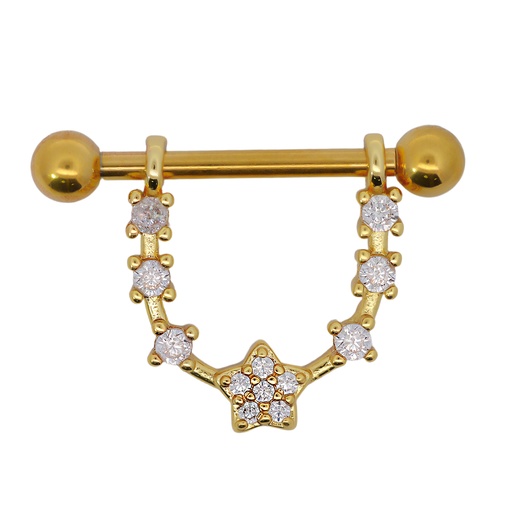 [GDS-SBBD347-14GA(1.6mm)] Steel 316L Gold Ti-PVD Coated Nipple Piercing Barbell With Steel Flower Lace 