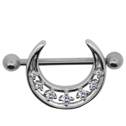 [S-SBBD349-14GA(1.6mm)] Steel 316L Nipple Piercing Barbell With Steel Crescent Sparkle 