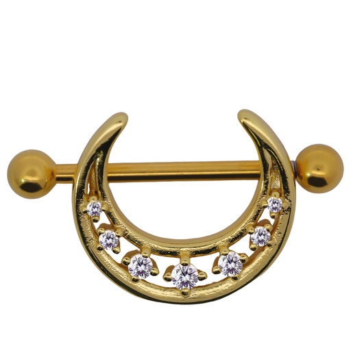 [GDS-SBBD349-14GA(1.6mm)] Steel 316L Gold Ti-PVD Coated Nipple Piercing Barbell With Steel Crescent Sparkle 