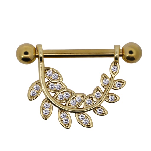 [GDS-SBBD353-14GA(1.6mm)] Steel 316L Gold Ti-PVD Coated Nipple Piercing Barbell With Steel Leaf Décor