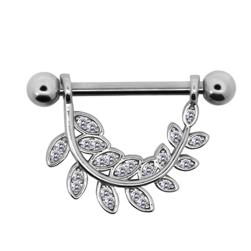 [S-SBBD353-14GA(1.6mm)] Steel 316L  Nipple Piercing Barbell With Steel Leaf Décor  