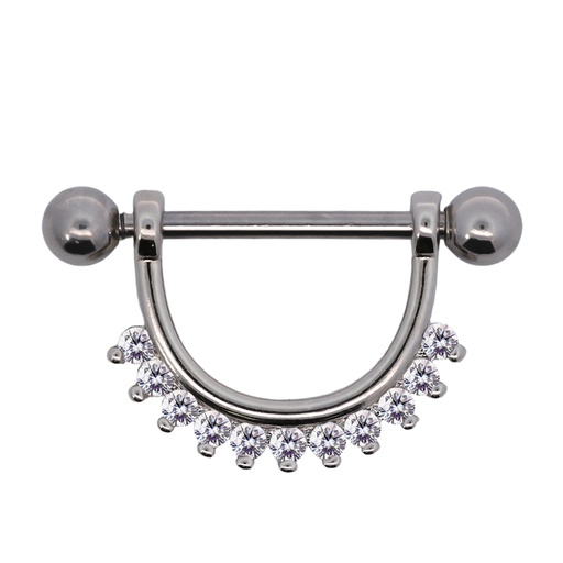 [S-SBBD350-14GA(1.6mm)] Steel 316L Nipple Piercing Barbell With Steel Radiant Crescent 