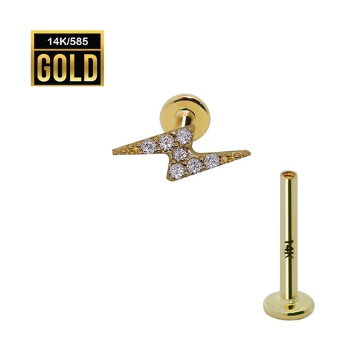 14K Real Gold Internally Threaded Labret with Synthetic Diamond Thunder Top 