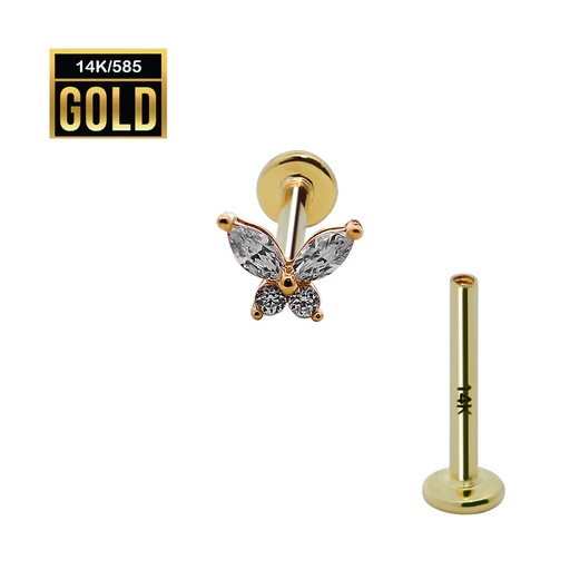 14K Real Gold Internally Threaded Labret with Synthetic Diamond Butterfly Top 