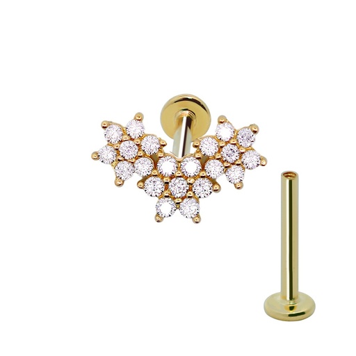 14K Real Gold Internally Threaded Labret with Synthetic Diamond 3 Flower Top  