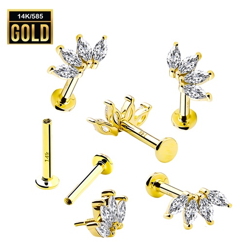 14K Real Gold Internally Threaded Labret with Synthetic Diamond 4 Prong Set Marquise Top   