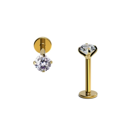 Titanium G23/ASTM F-136 Gold Ti-PVD Coated Internally Labret with Round Carbon Treated Cubic Zirconia Top Design (Claw Setting), Internal Thread 0.9mm - 16GA(1.2mm) (NB)