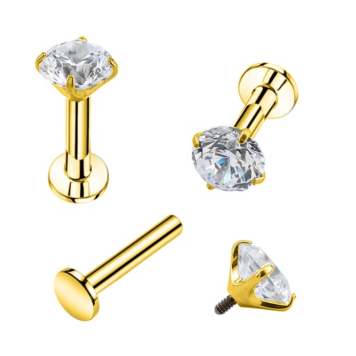 Titanium G23/ASTM F-136 Gold Ti-PVD Coated Internally Labret with Round Carbon Treated Cubic Zirconia Top Design (Claw Setting), Internal Thread 0.9mm - 16GA(1.2mm)