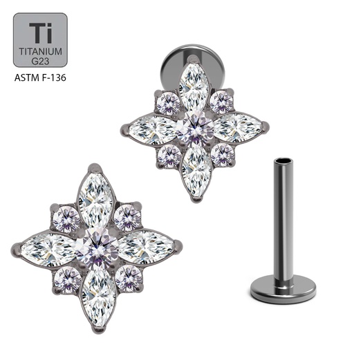 ASTM F136 Titanium G23 Internally Threaded Labret with Marquise Stone and Cubic Zirconia Blaze Set Top