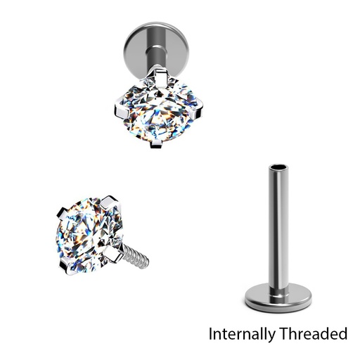Titanium G23/ASTM F-136 White Gold Ti-PVD Coated Internally Labret with Round Carbon Treated Cubic Zirconia Top Design (Claw Setting), Internal Thread 0.9mm - 16GA(1.2mm) (NB)