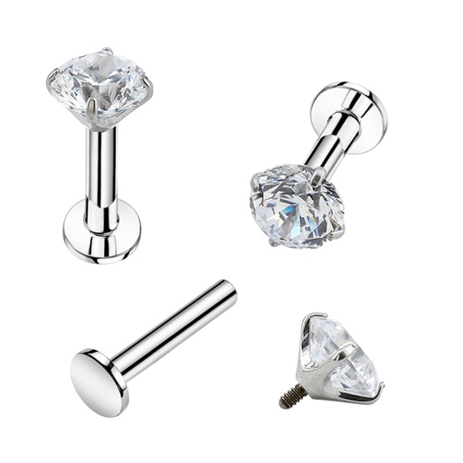 Titanium G23/ASTM F-136 White Gold Ti-PVD Coated Internally Labret with Round Carbon Treated Cubic Zirconia Top Design (Claw Setting), Internal Thread 0.9mm - 16GA(1.2mm) 