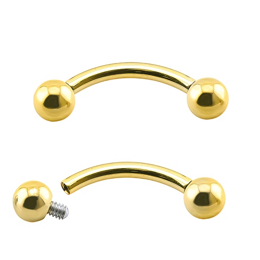 Titanium G23/ASTM F-136 Gold Ti-PVD Coated Internally Bananabell with Balls, Internal Thread 0.9mm - 16GA(1.2mm) 