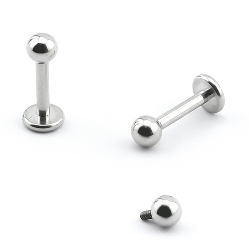Titanium G23/ASTM F-136 White Gold Ti-PVD Coated Internally Labret with Balls, Internal Thread 0.9mm - 16GA(1.2mm) 