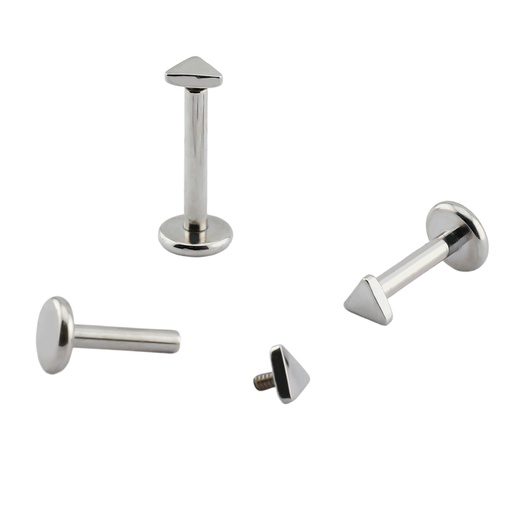 Titanium G23/ASTM F-136 White Gold Ti-PVD Coated Internally Labret with Triangle Top Design, Internal Thread 0.9mm - 16GA(1.2mm) 