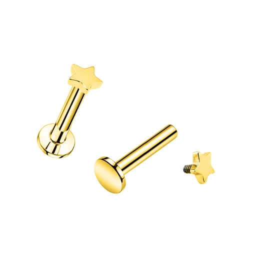 Titanium G23/ASTM F-136 Gold Ti-PVD Coated Internally Labret with Star Top Design, Internal Thread 0.9mm - 16GA(1.2mm) 
