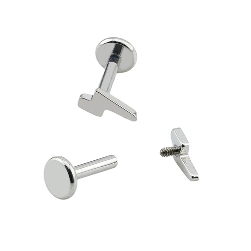 Titanium G23/ASTM F-136 White Gold Ti-PVD Coated Internally Labret with Lightning Top Design, Internal Thread 0.9mm - 16GA(1.2mm) 