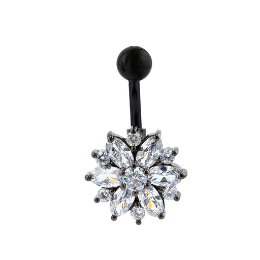 [BKS-BNC479-1.6-10-5] Steel 316L Black Ti-PVD Coated Belly Button Banana in Fashion Design - CC Crystal Clear -14GA(1.6mm)   