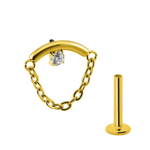 Titanium G23/ASTM F-136 Gold Ti-PVD Coated  Internally Threaded Hidden Helix Labret with Chain and Cubic Zirconia On Bar Top Design, Internal Thread 0.9mm - 16GA(1.2mm)    
