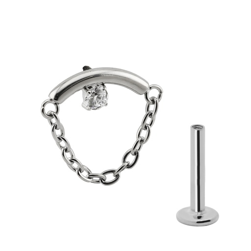 Titanium G23/ASTM F-136 White Gold Ti-PVD Coated  Internally Threaded Hidden Helix Labret with Chain and Cubic Zirconia On Bar Top Design, Internal Thread 0.9mm - 16GA(1.2mm)    