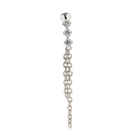 Titanium G23/ASTM F-136 White Gold Ti-PVD Coated  Internally Threaded In CNC Set 3 Cubic Zirconia With 2 Chain Dangle Top Design, Internal Thread 0.9mm - 16GA(1.2mm)        