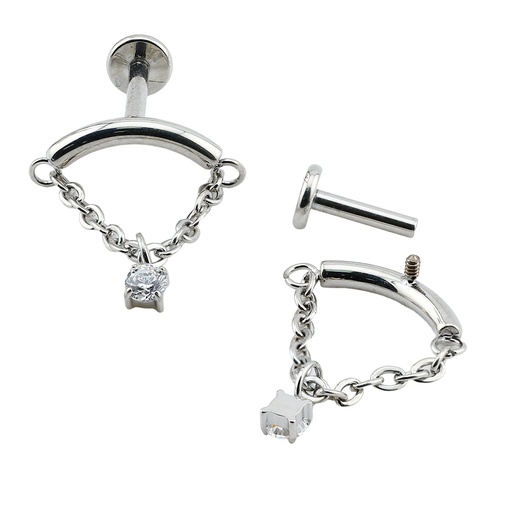 Titanium G23/ASTM F-136 White Gold Ti-PVD Coated Internally Threaded Hidden Helix Labret with Chain and Cubic Zirconia Center Top Design, Internal Thread 0.9mm - 16GA(1.2mm)      