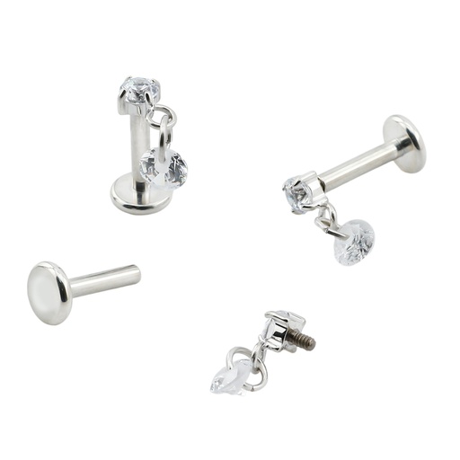 Titanium G23/ASTM F-136 White Gold Ti-PVD Coated Internally Threaded Hidden Helix Labret with Round Dangle And Prong set Cubic Zirconia Top Design, Internal Thread 0.9mm - 16GA(1.2mm)