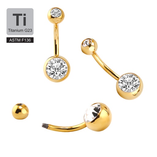 Titanium G23/ASTM F-136 Gold Ti-PVD Bananabell with Double Cubic Zirconia (5+8mm) - 14GA(1.6mm)  