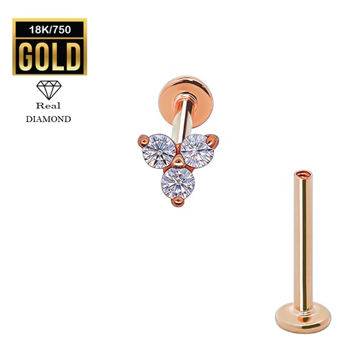 [RG-LAB-INT44-1.2-8] 18K Real Rose Gold Flat Back Internally Threaded Labret  with Real Diamond Design Top 