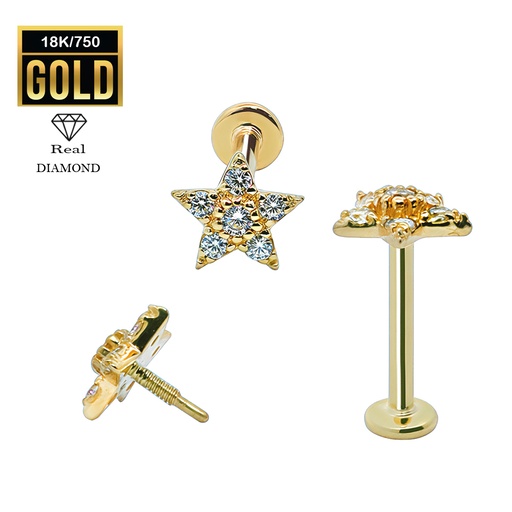 [GG-LAB-INT25-1.2-8] 18K Real Gold Flat Back Internally Threaded Labret  with Real Diamond Design Top   