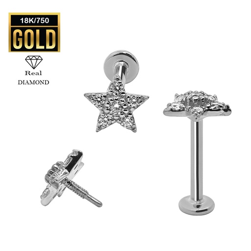 [WG-LAB-INT25-1.2-8] 18K Real White Gold Flat Back Internally Threaded Labret  with Real Diamond Design Top   