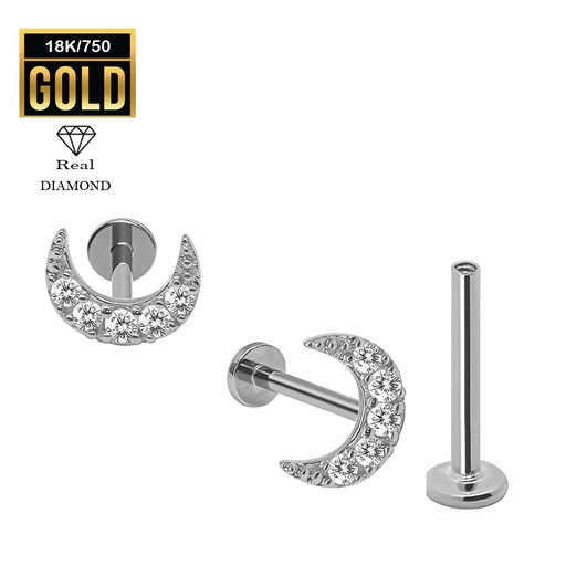 18K Real White Gold Flat Back Internally Threaded Labret  with Real Diamond Design Top    