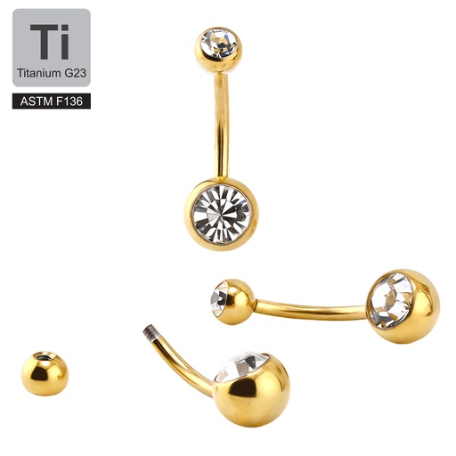 [GDT-BAN12-1.6-14-5/8-CC] Titanium G23/ASTM F-136 Gold Ti-PVD Bananabell with Double Crystal (5+8mm) - 14GA(1.6mm) 