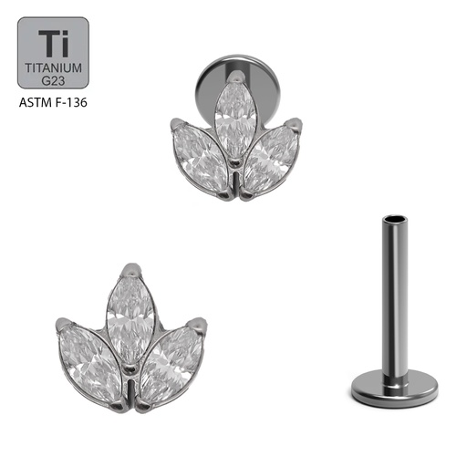 Titanium G23/ASTM F-136 White Gold Ti-PVD Coated Internally Threaded Labret with 3 Swarovski Marquise Crystal Top Design, Internal Thread 0.9mm - 16GA(1.2mm) (NB)