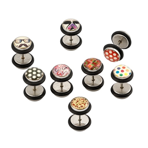 [S-EFP50] Steel 316L Ear Fake Plug withAssorted Epoxy covered Picture Disc 