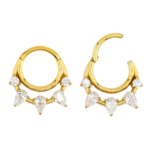 [GDS-SGM340-1.2-8] Steel 316L Gold Ti-PVD Hinged Segment Ring with Pear and Round Shaped Crystal  