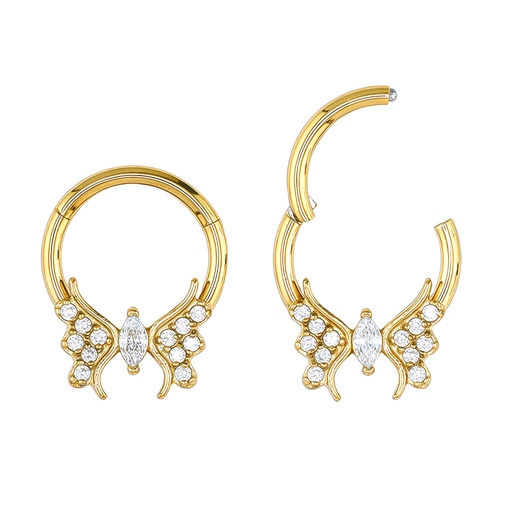 [GDS-SGM335-1.2-8] Steel 316L Gold Ti-PVD Hinged Segment Ring with Crystals in Butterfly Design 