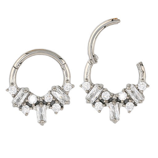 [S-SGM334-1.2-8] Steel 316L Hinged Segment Ring with Baguette and Round Shaped  Crystal  in Prong Setting