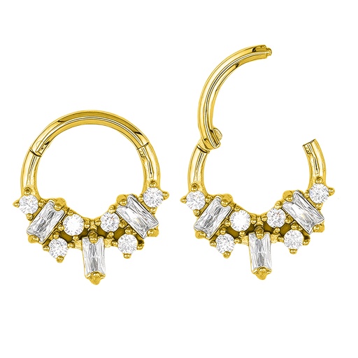 [GDS-SGM334-1.2-8] Steel 316L Gold Ti-PVD Hinged Segment Ring with Baguette and Round Shaped  Crystal  in Prong Setting 