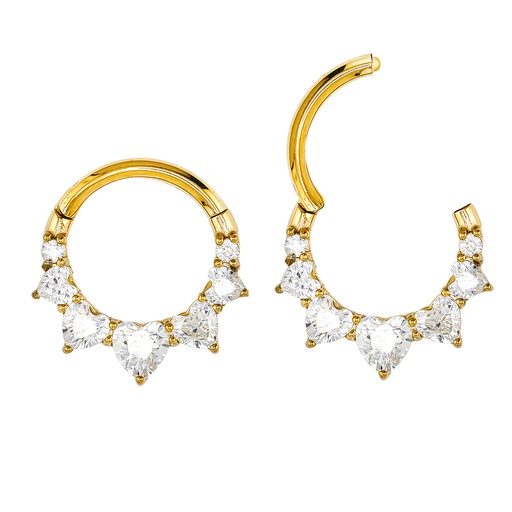 [GDS-SGM333-1.2-8] Steel 316L Gold Ti-PVD Hinged Segment Ring with Heart Shaped  Crystal in Prong Setting  