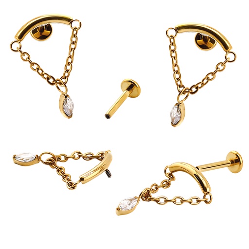 [GDT-LAB-INT68-1.2-8-SW] Titanium G23/ASTM F-136 Yellow Gold Ti-PVD Coated Internally Threaded Hidden Helix Labret with Chain and Premium Marquise Center Top - Internal Thread 0.9mm  