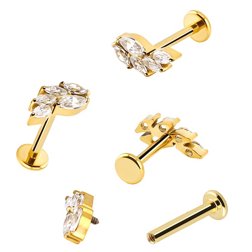 [GDT-LAB-INT77-1.2-8-CZ] Titanium G23/ASTM F-136 Yellow Gold Ti-PVD Coated Labret with Internally Threaded In 5 Cubic Zirconia Marquise Wheatear Shape Top Design - Internal Thread 0.9mm
