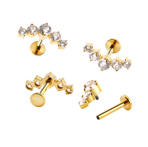 [GDT-LAB-INT106-1.2-8-CZ] Titanium G23/ASTM F-136 Yellow Gold Ti-PVD Coated Internally Threaded Labret with 5 Cubic Zirconia Blaze Set Curve Top -  Internal Thread 0.9mm 