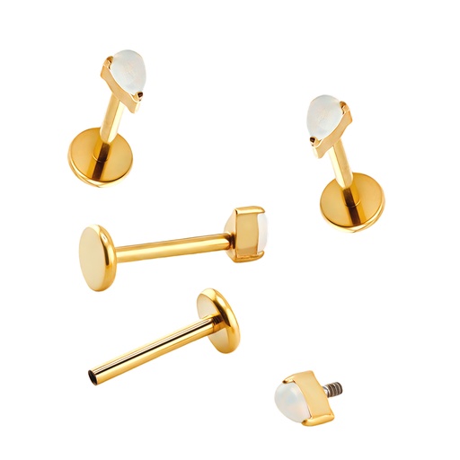 [GDT-LAB-INT150-1.0-8-OP] Titanium G23/ASTM F-136 Yellow Gold Ti-PVD Coated Internally Threaded Labret with Opal Tear Drop Shaped Top Design 