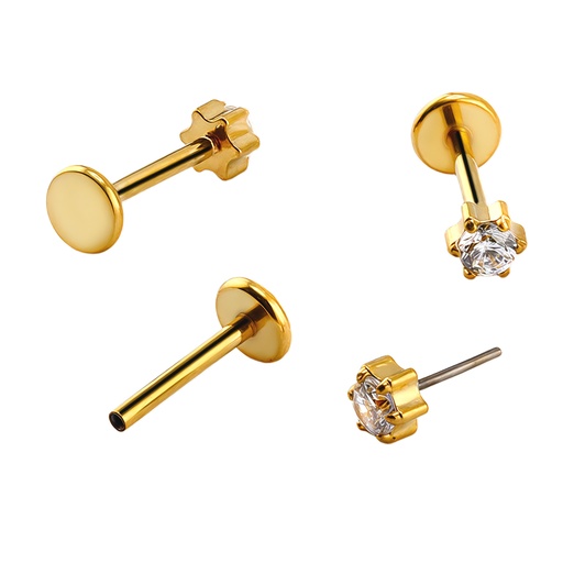 [GDT-LAB-PUS64-1.0-8-3-CZ] Titanium G23/ASTM F-136 Gold Ti-PVD Coated Push-In Labret with Round Cubic Zirconia in 6 Claw Prong Setting