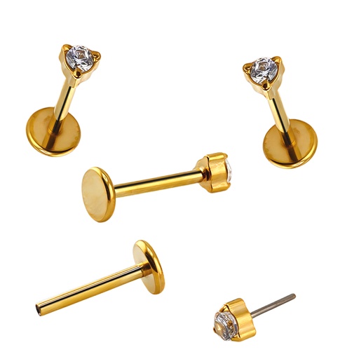 [GDT-LAB-PUS63-1.0-8-2.5-CZ] Titanium G23/ASTM F-136 Gold Ti-PVD Coated Push-In Labret with Round Cubic Zirconia in 3 Claw Prong Setting 
