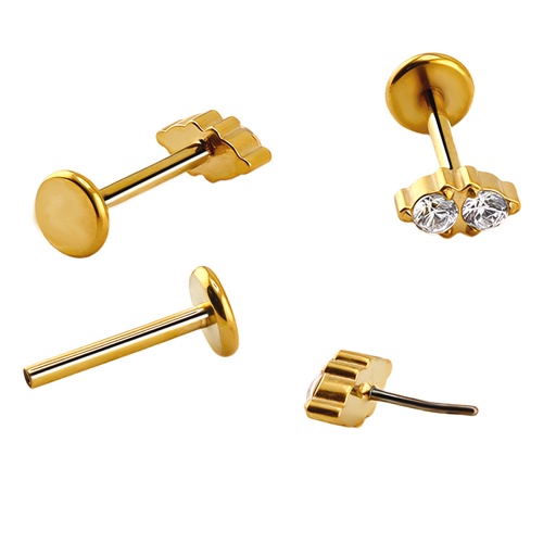 [GDT-LAB-PUS65-1.0-8-CZ] Titanium G23/ASTM F-136 Gold Ti-PVD Coated Push-In Labret with 2 Cubic Zirconia Cluster Top  