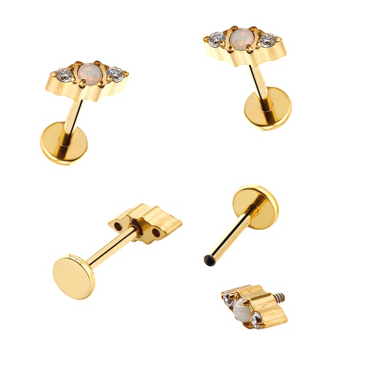 [GDT-LAB-INT151-1.0-8] Titanium G23/ASTM F-136 Gold Ti-PVD Coated Internally Threaded Labret with Opal and Cubic Zirconia Cluster Top   