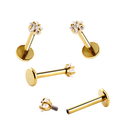 [GDS-HLAB-INT27-1.2-8-3-CC] Steel 316L Yellow Gold Ti-PVD Internally Threaded Labret with Star Stone in Prong Setting Top 